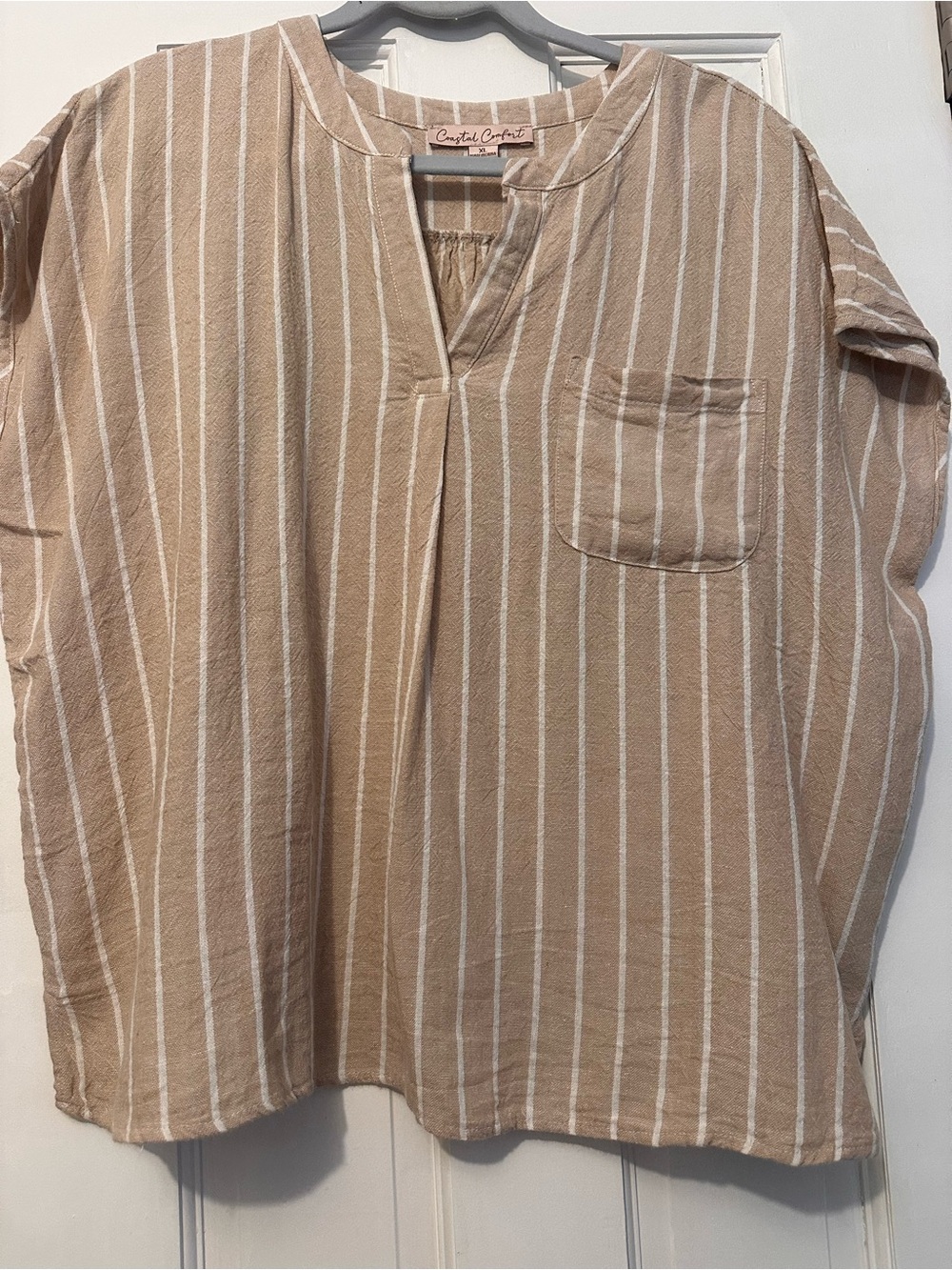 Coastal Comfort Women’s Tan Striped Linen Split -Neck Blouse